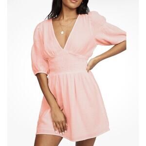 Billabong Spellbound Peach Gauze Smocked Mini Dress Puff Sleeve Fit & Flare M